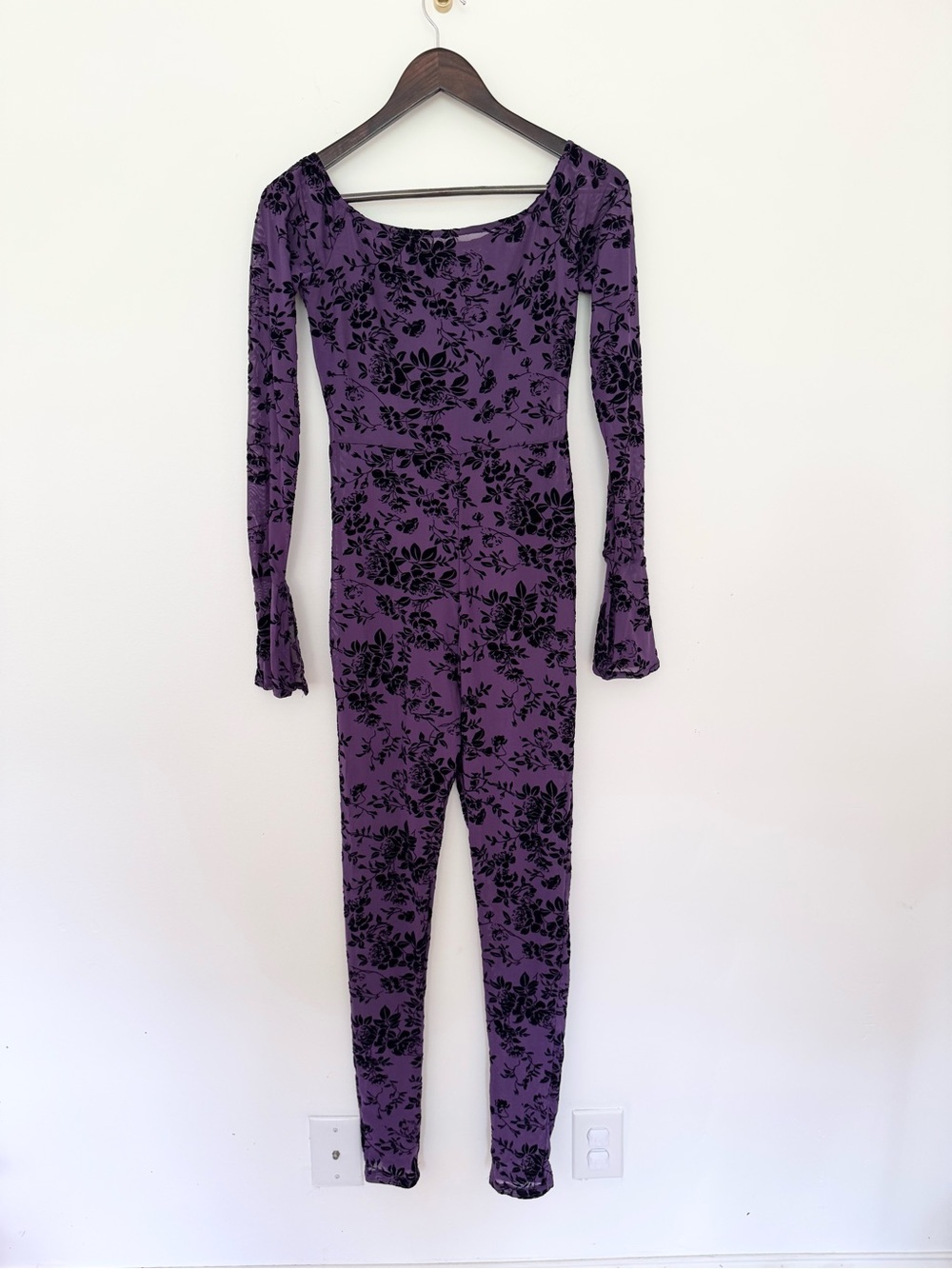 Purple black floral mesh catsuit medium velvet flocked long sleeve goth jumpsuit